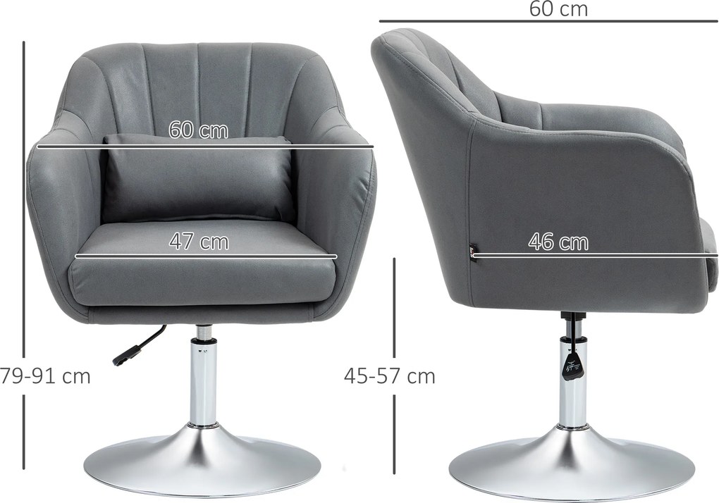 Poltrona de sala com almofadas lombares, altura ajustável, giratória a 360°, com base em metal cinzento escuro