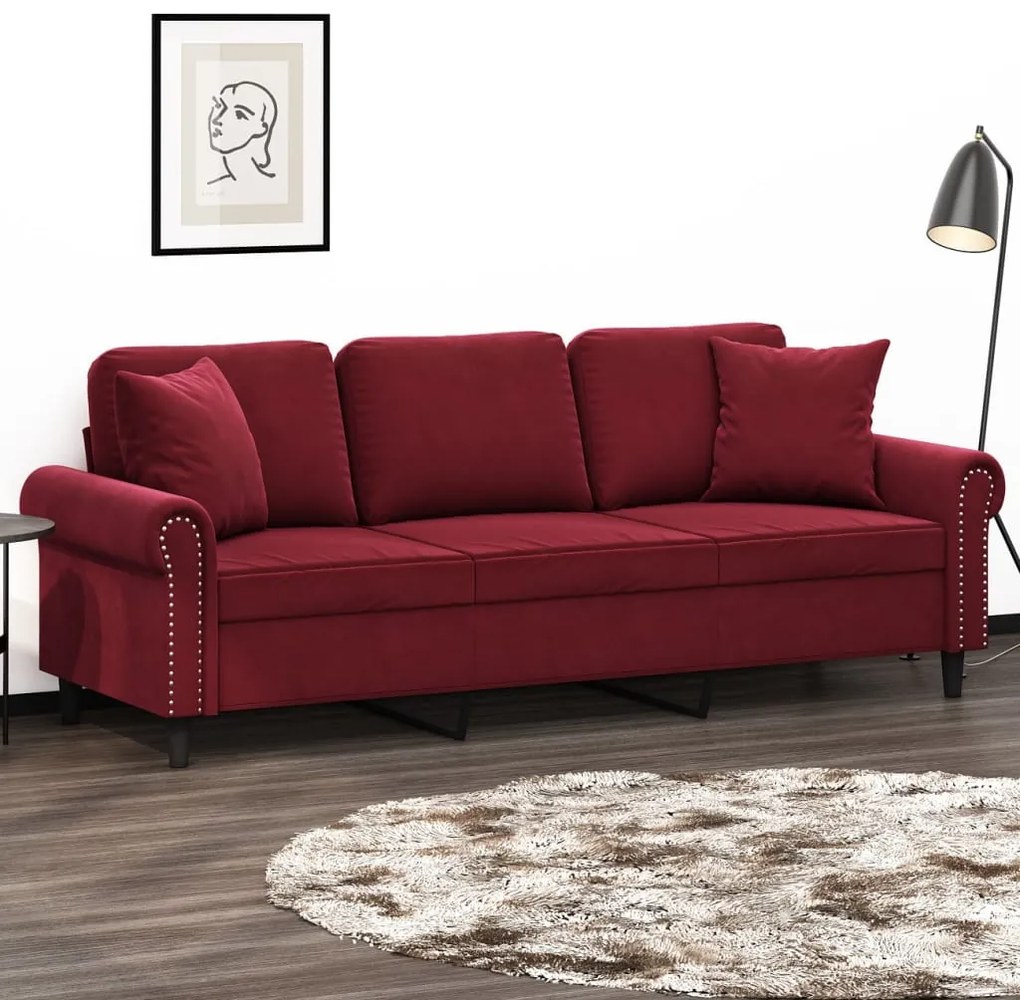 vidaXL Sofá 3 lug. c/ almofadas/almofadões 180cm veludo vermelho tinto