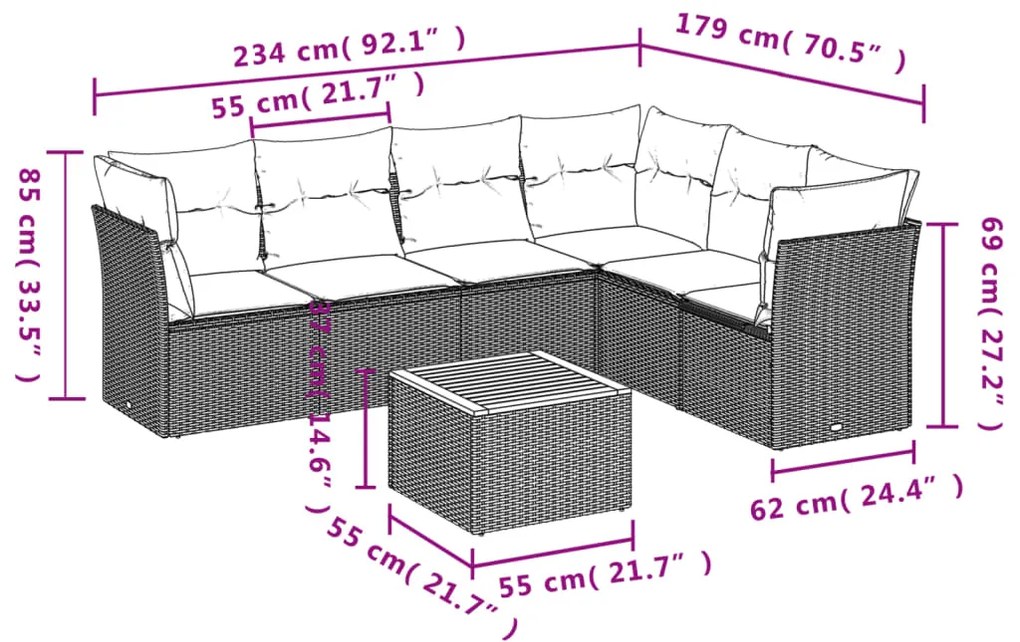 7 pcs conj. sofás jardim c/ almofadões vime PE bege misturado