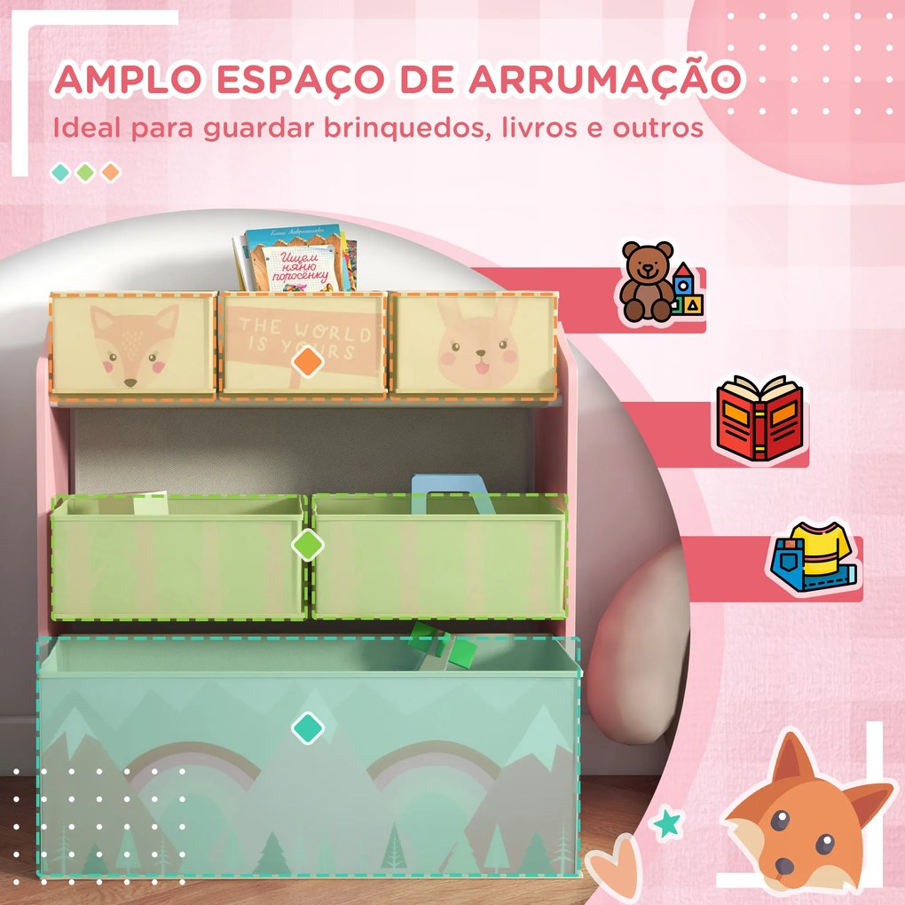 ZONEKIZ Estante para Brinquedos com 6 Caixas de Tecido não Tecido Amovíveis Organizador de Brinquedos 63x30x66 cm Rosa