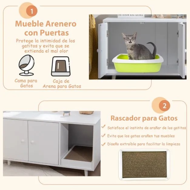 Caixa de areia escondida para gatos de porta dupla para gatos 90 x 50 x 50 cm Branco