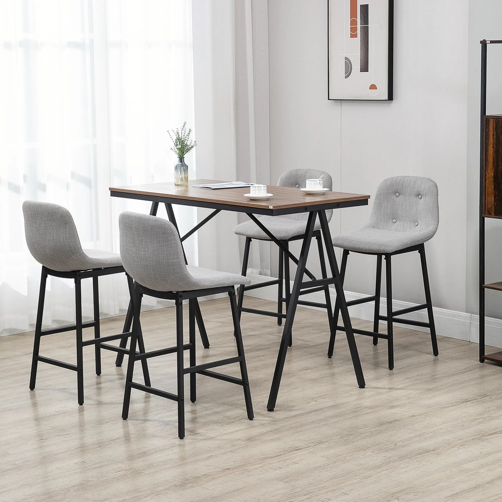 Conjunto de mesa de bar com bancos e mesa de jantar alta com 4 cadeiras estofadas, pés em aço, 120 x 60 x 91 cm, cinzento