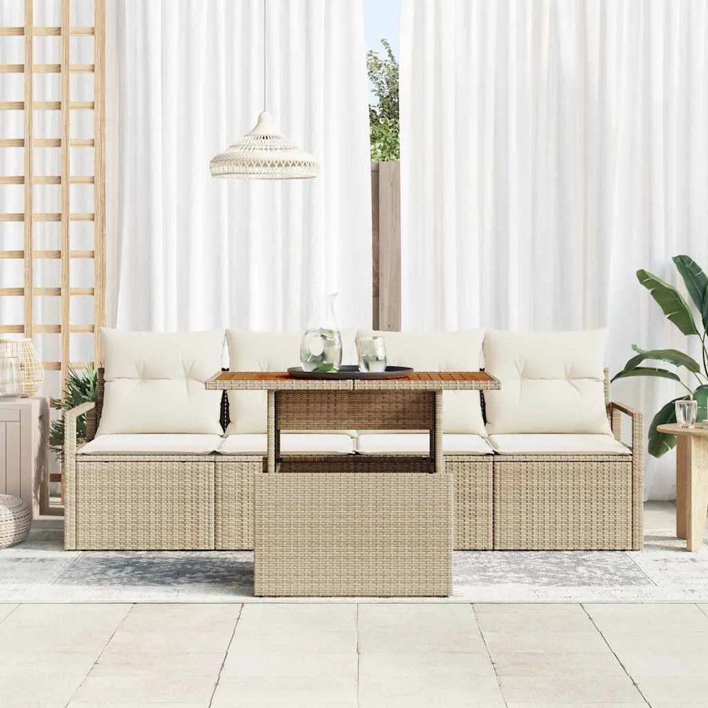 Conjunto de Sofá de Jardim vidaXL de 5 Peças com Almofadas Bege Rattan