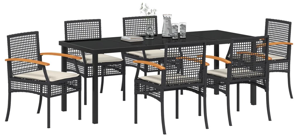 Conjunto de Jantar de Jardim de 7 Peças com Almofadas Preto Vime PE