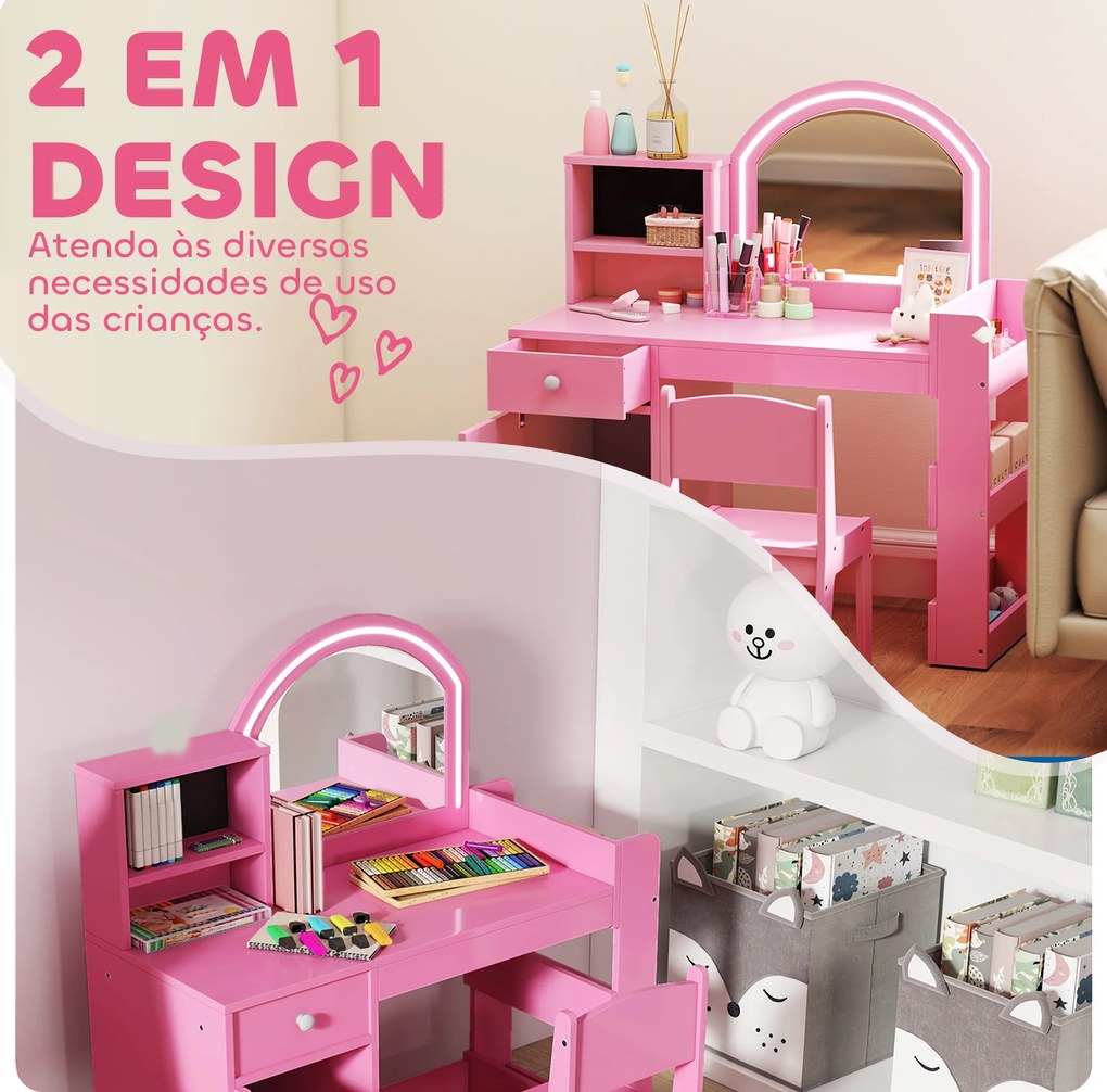 Toucador de Maquilhagem Infantil com Banquinho e Espelho com Luzes LED 1 Gaveta Armário e 5 Prateleiras Rosa