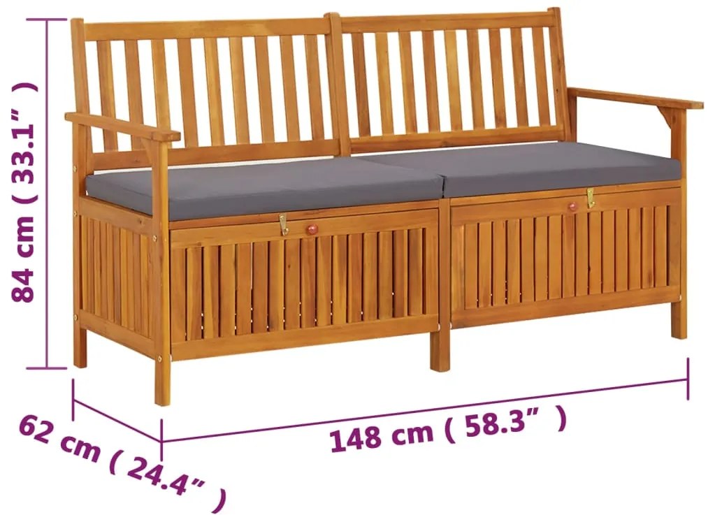 Banco de arrumação c/ almofadão 148 cm madeira de acácia maciça