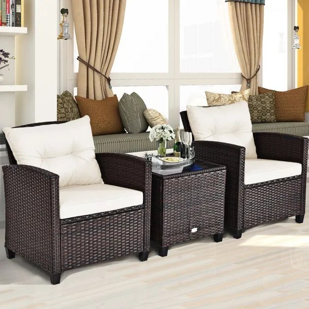 Conjunto Jardim de 3 peças 2 sofás e 1 Mesa com almofadas laváveis para jardim, piscina, varanda Castanho e Branco