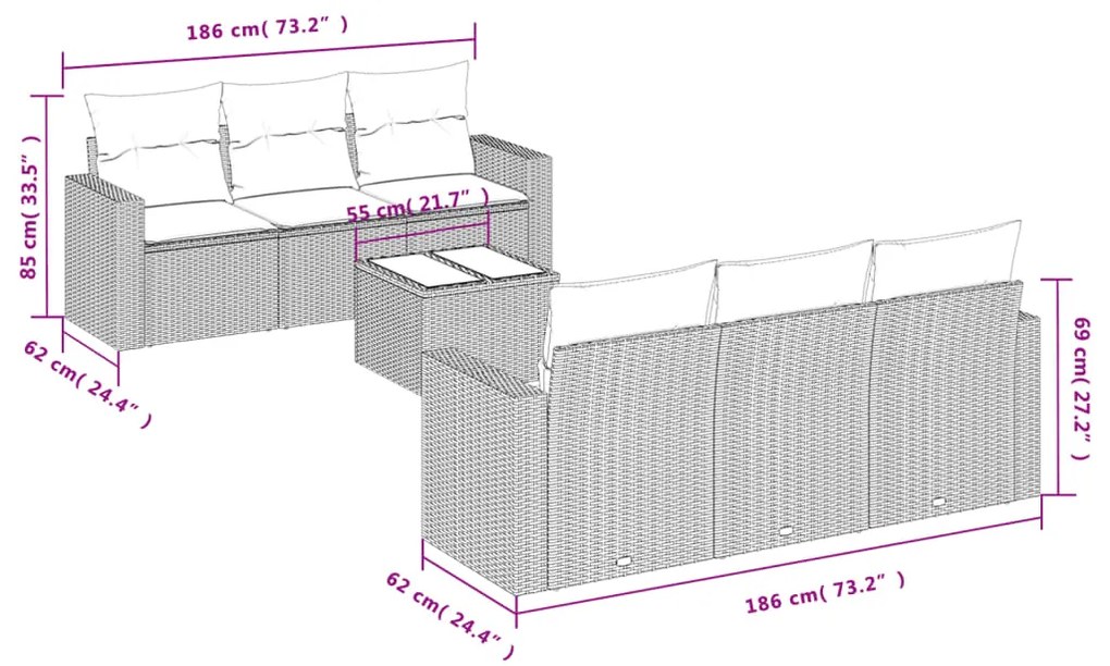 7 pcs conjunto de sofás jardim c/ almofadões vime PE castanho