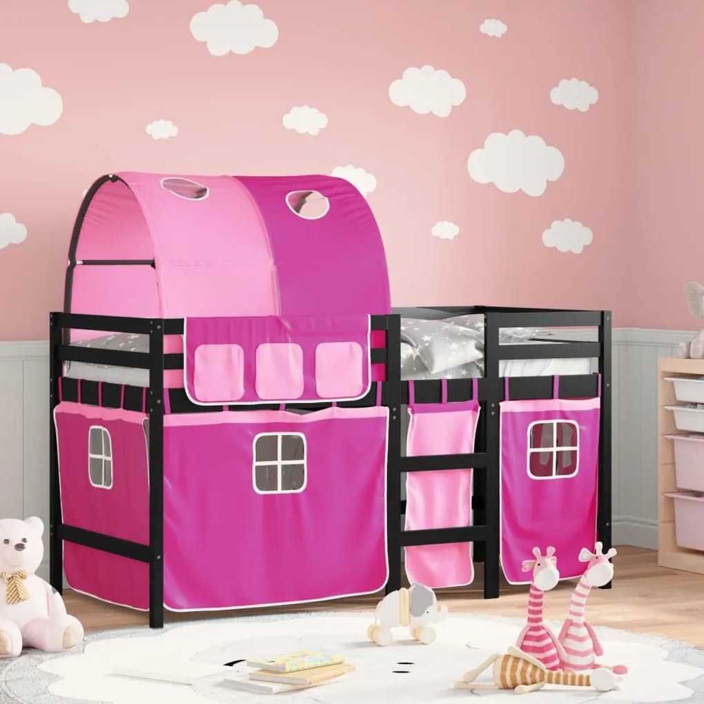 vidaXL Cama alta para criança com túnel 80x200 cm pinho maciço rosa