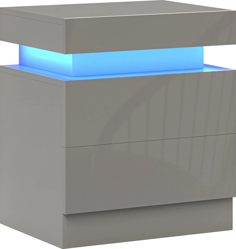 HOMCOM Mesa de Cabeceira com Luz LED Painel de Alto Brilho 2 Gavetas e Controlo Remoto para Dormitório 45x35x52 cm Cinzento | Aosom Portugal