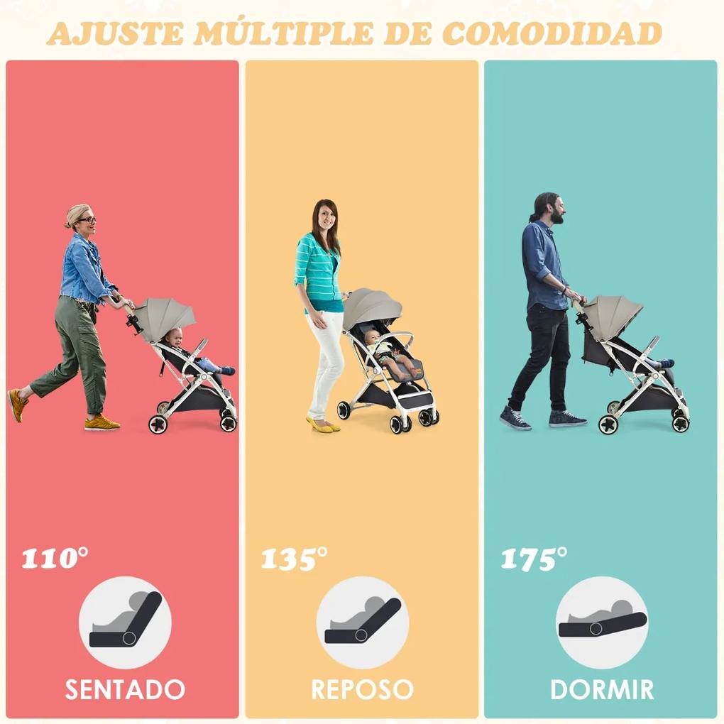 Carrinho de passeio para bebés dos 0 aos 36 meses com capota reclinável Suporte para copos Arnês de 5 pontos Encosto ajustável Peito ajustável Cinzent
