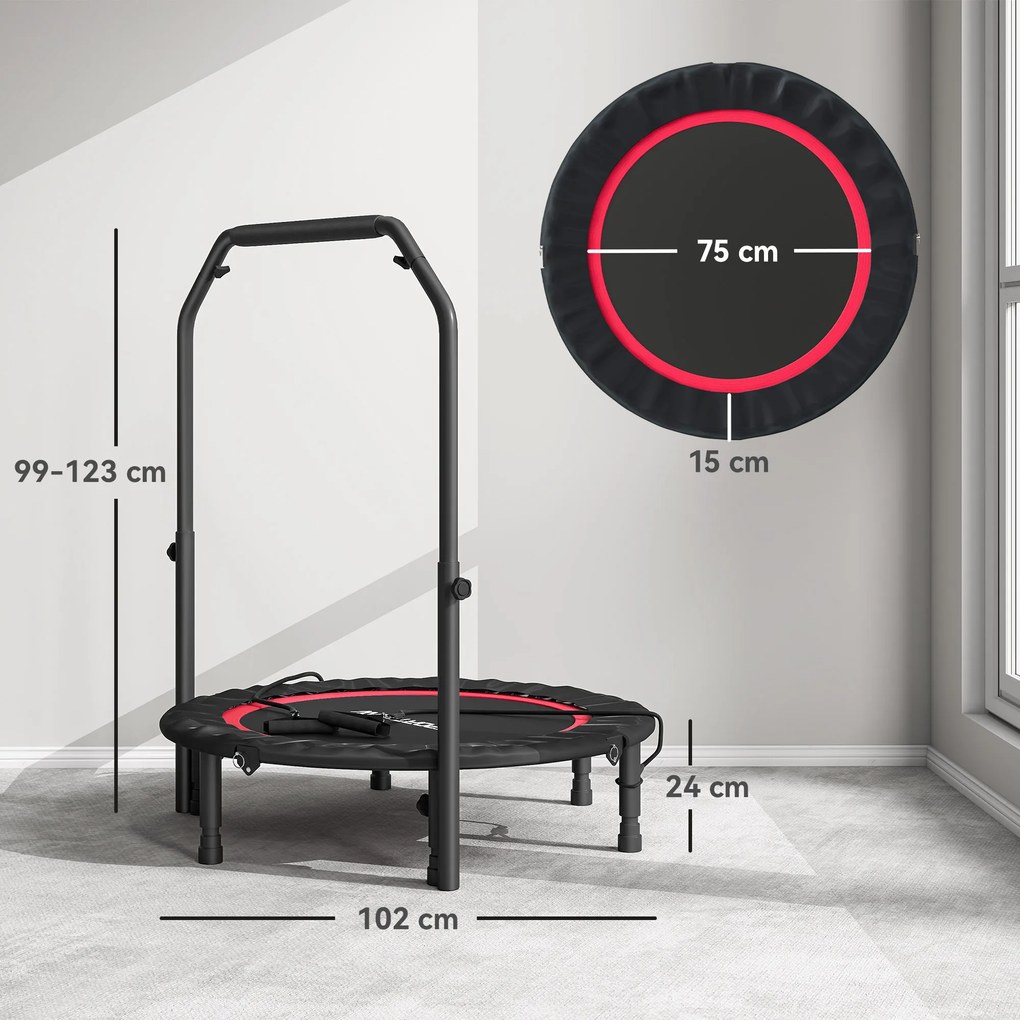 Trampolim de Fitness Ø102 cm Dobrável com Guiador Ajustável de 4 Níveis e Bandas para Treino de Pernas e Corpo Vermelho