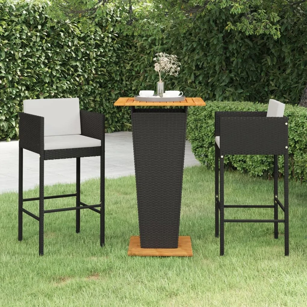 vidaXL 3 pcs conjunto bar de jardim com almofadões vime PE preto
