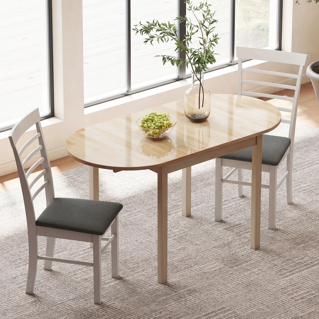 Mesa de jantar dobrável oval em madeira maciça 140 x 70 x 75 cm, com 2 abas (CADEIRAS NÃO INCLUIDAS), que ocupa pouco espaço,  Cor: natural
