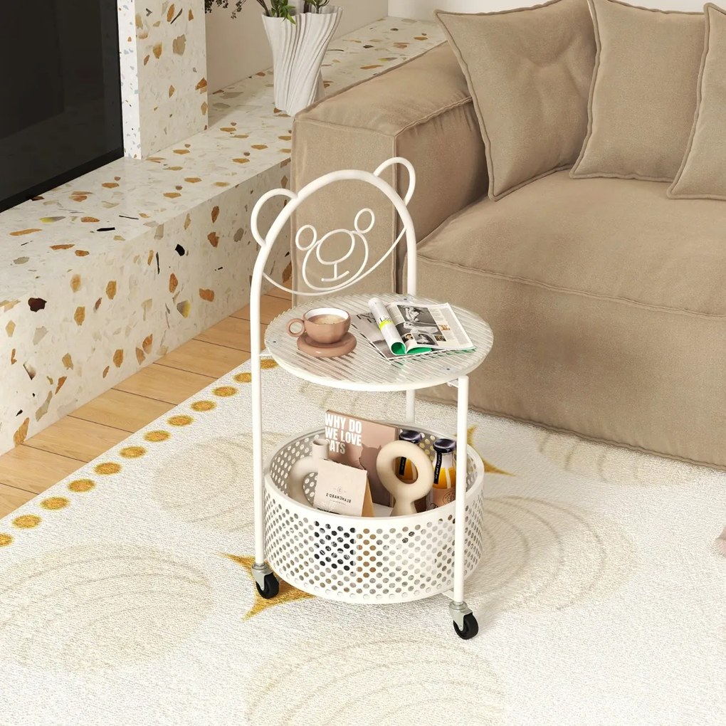 Mesa de centro de vidro móvel Mesa apoio ou cabeçeira de 2 níveis com padrão de urso Cesto de arrumação Estrutura metálica Mesa lateral moderna Branca