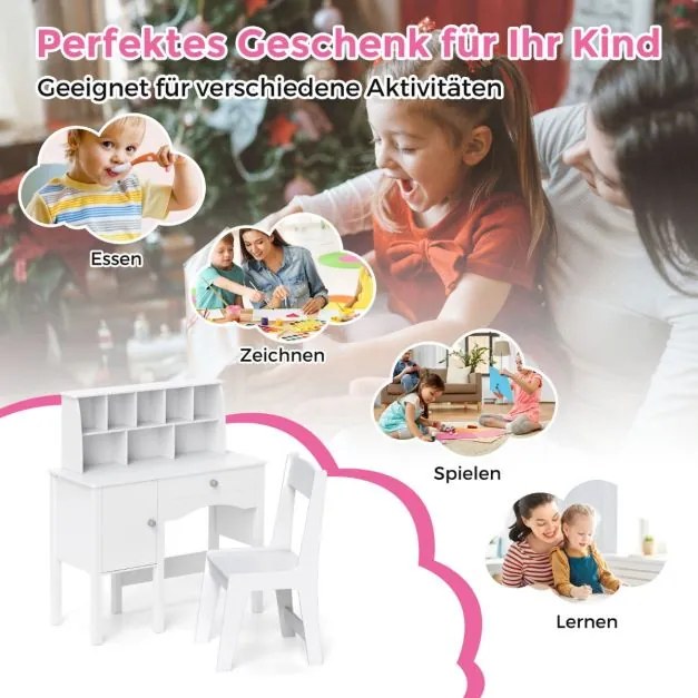 Secretária infantil com cadeira para crianças com gaveta, armário e estante 79 x 34 x 91 cm Branca