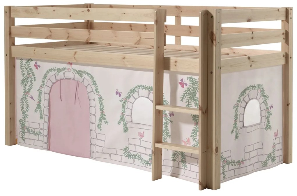 Conjunto Cama alta de Criança PINO 90 x 200 cm + estrado + escada + cortina Passaros Natural