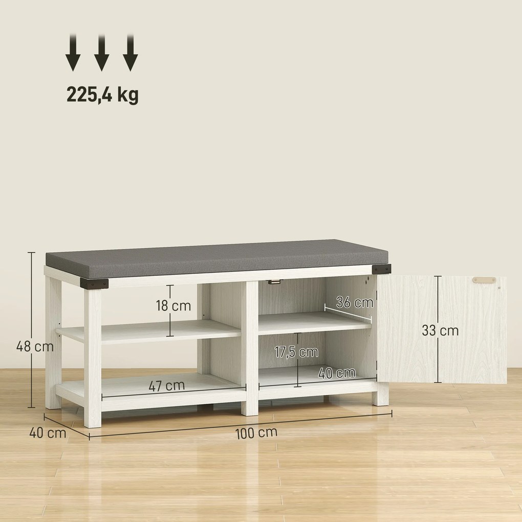 Banco Sapateira Rústico Organizador de Sapatos com Compartimentos para 7 Pares de Sapatos 100x40x48 cm Branco e Cinza