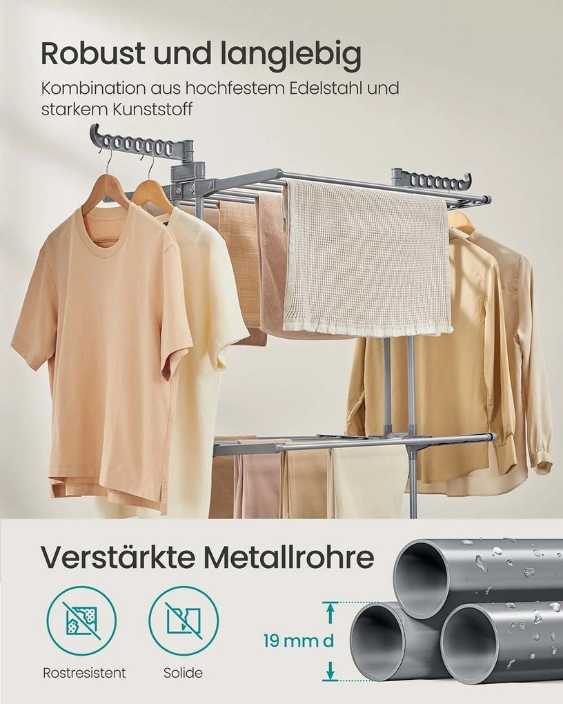 Estendal roupa com 4 níveis 63,5 x 128 x 173 cm cinzento