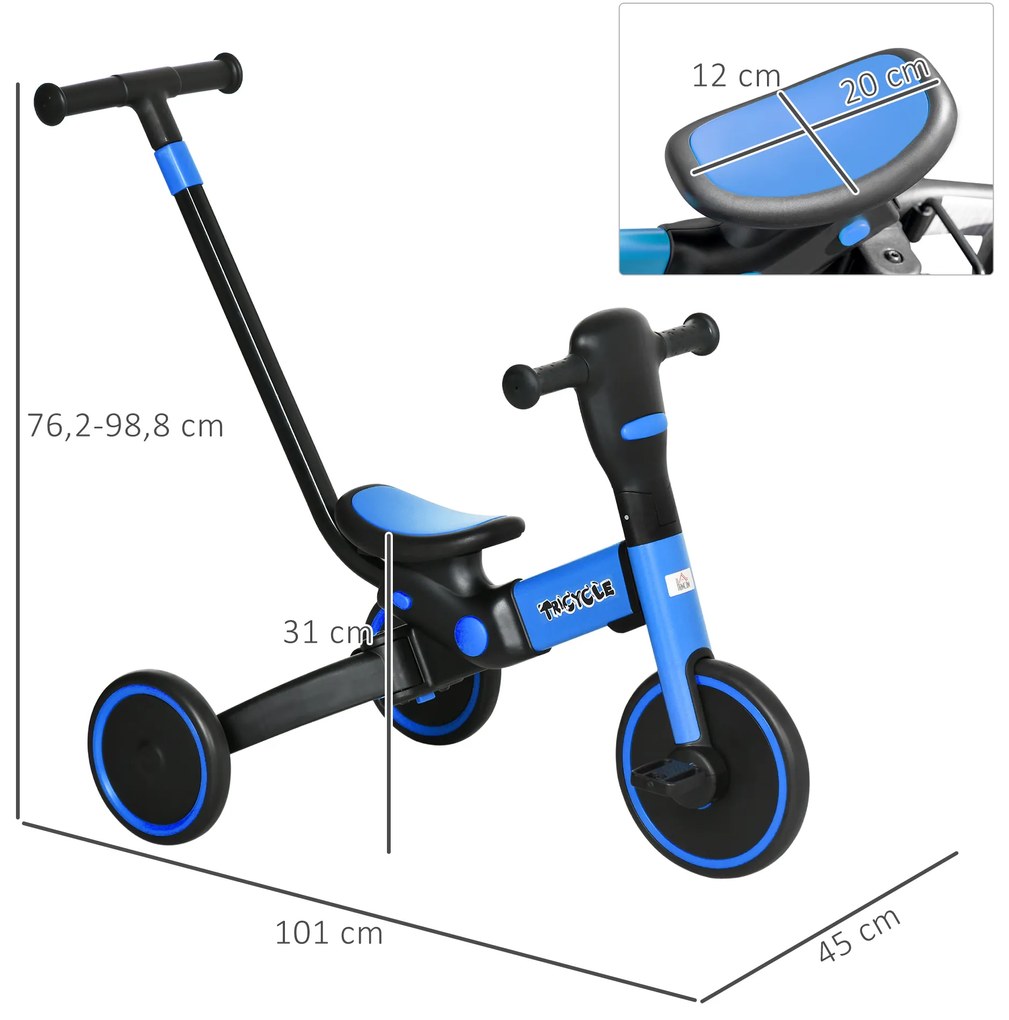 Triciclo Infantil 4 em 1 Triciclo Evolutivo para Crianças acima de 18 Meses com Guiador Ajustável e Desmontável Estrutura de Liga de Alumínio Carga Má