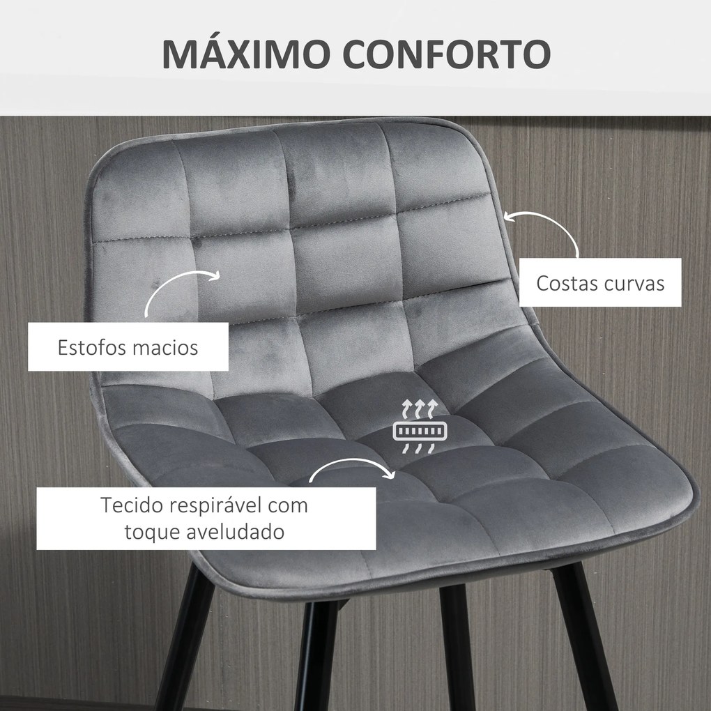 Conjunto de 2 Bancos de Bar com Encosto e Apoio para os Pés Bancos Altos Acolchoados de Estilo Nórdico 45x47x88 cm Cinza