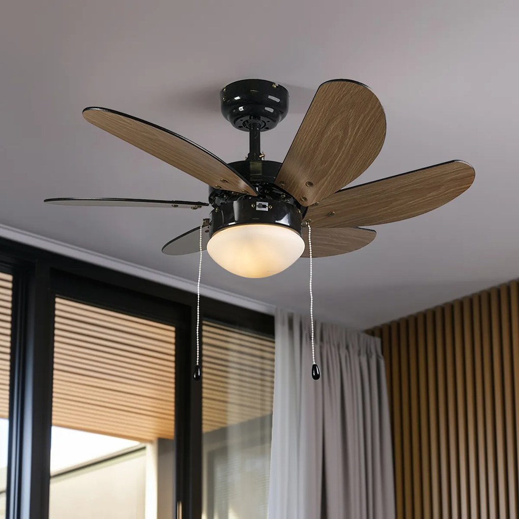 Ventilador de teto preto com impressão de madeira 80cm com cordão - Fresh