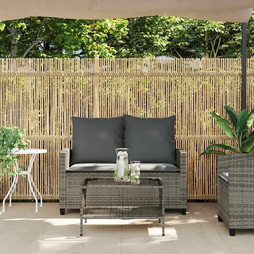 Sofá de jardim 2 lugares com almofadões vime PE cinzento