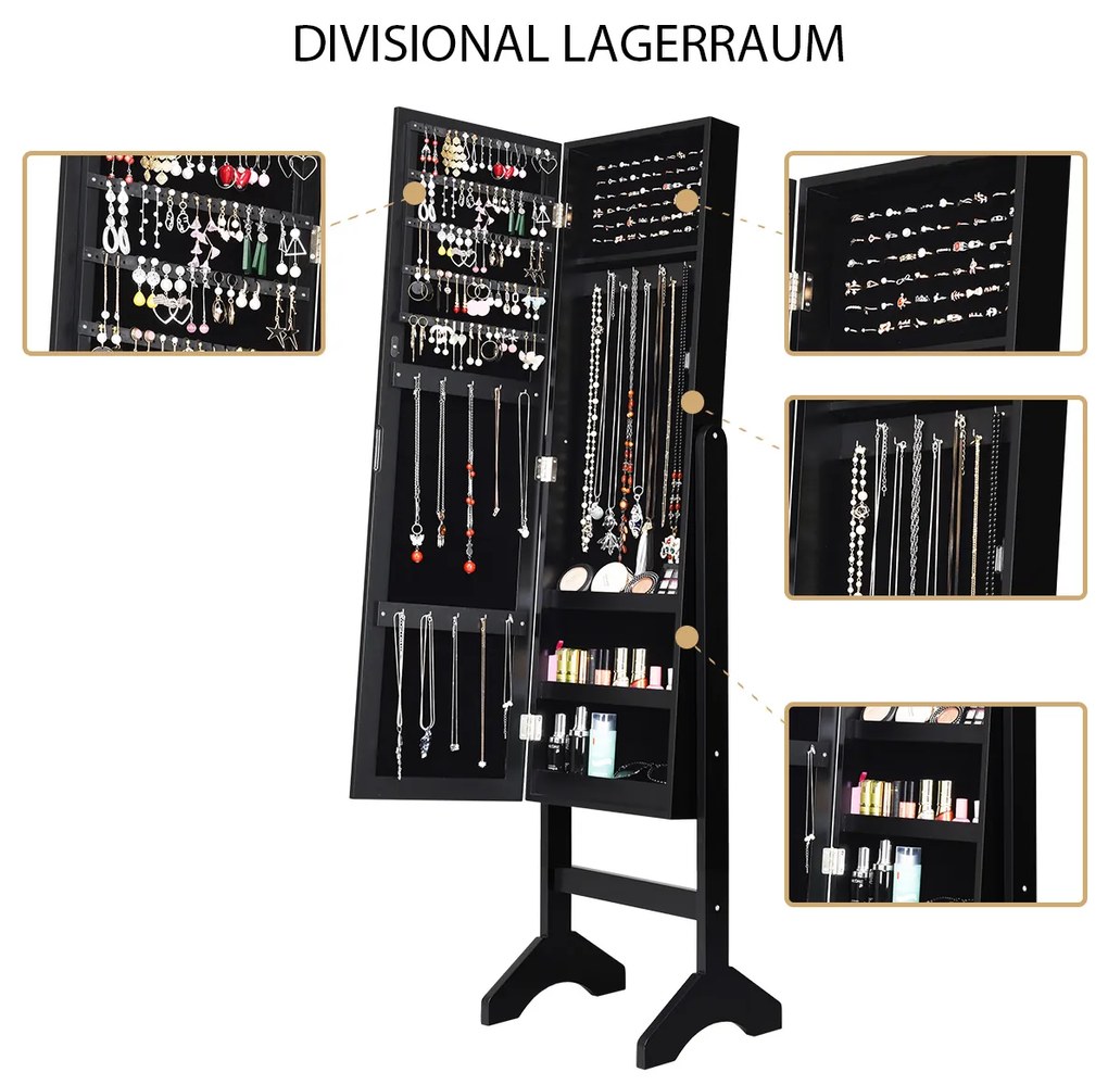 Organizador de armário para joias espelhado com luzes LED - Preto