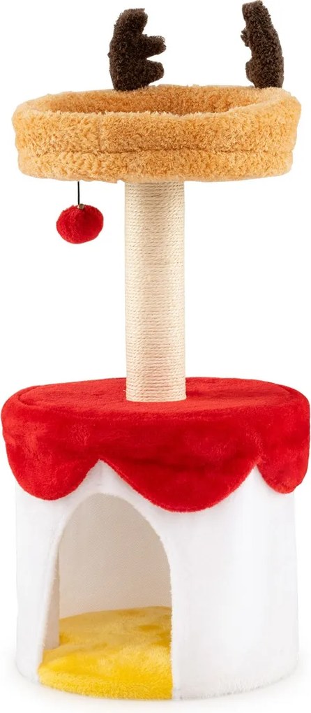 Arranhador de Natal para gatos com cama 80 cm com arranhador de sisal Bola pendente Almofada lavável Centro vermelho