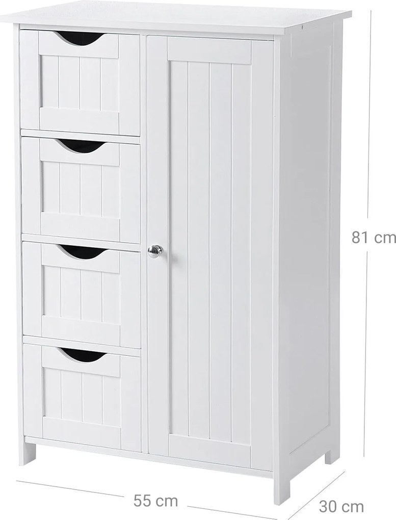 Armário de casa de banho estreito com 4 gavetas 30 x 55 x 82 cm Branco