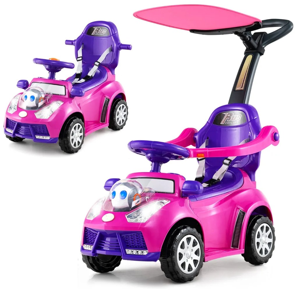 Andarilho crianças forma carro 3 em 1 Carro deslizante com guiador, buzina, música, luz e cinto de segurança Rosa