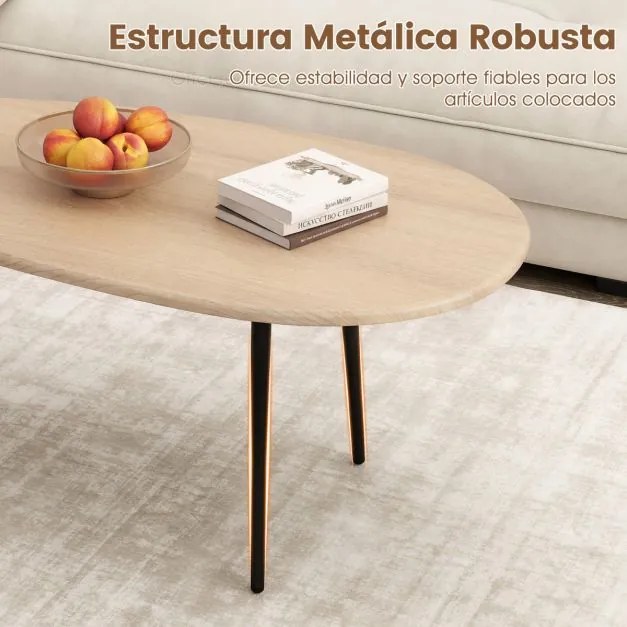 Mesa de centro oval, 108 x 56 x 44 cm em estilo Mid-Century com estrutura metálica para sofá, sala de estar Natural
