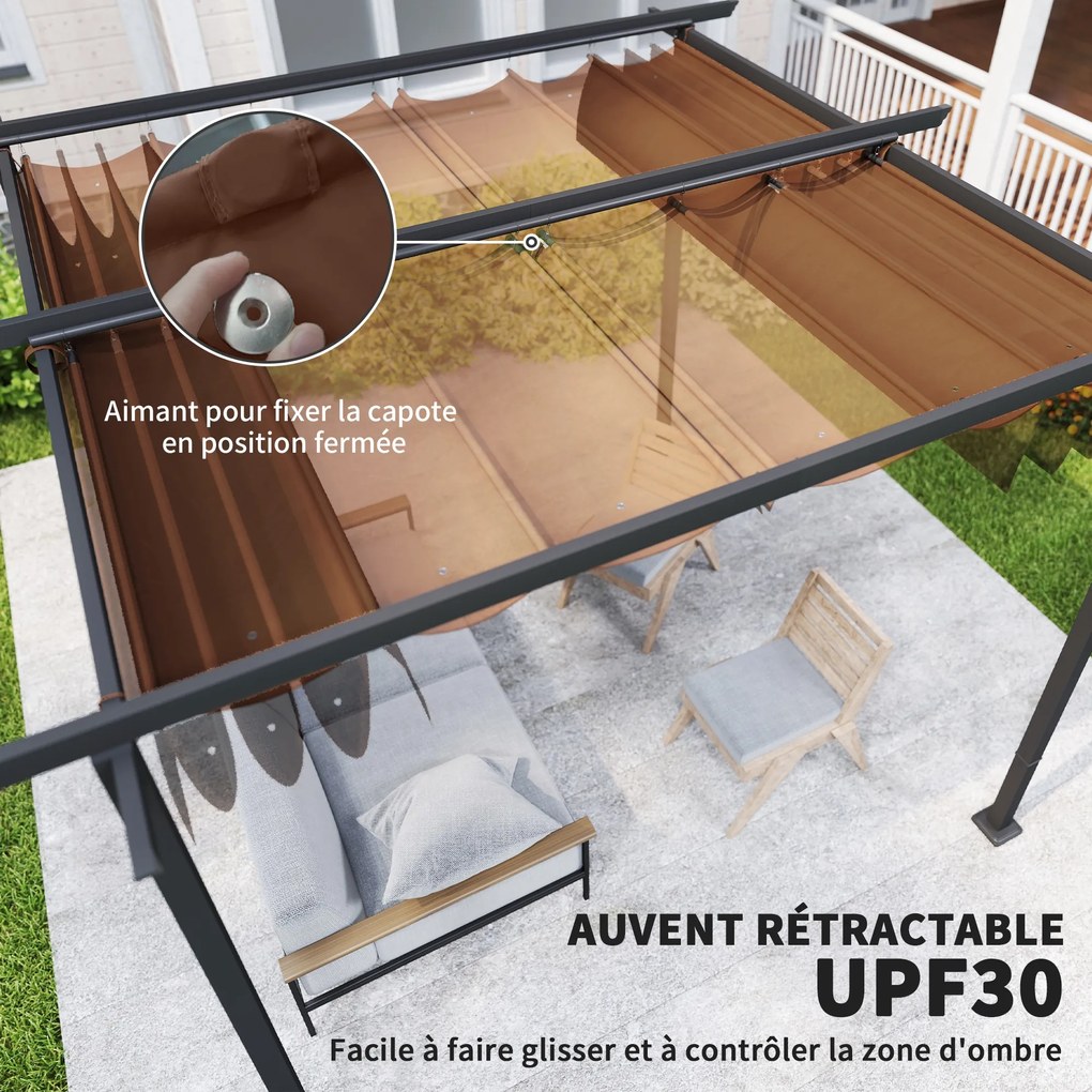 Pérgula de jardim para exterior 3x3 m com cobertura deslizante e retrátil em poliéster de alta densidade 180 g/m², abrigo solar UPF30+, castanho