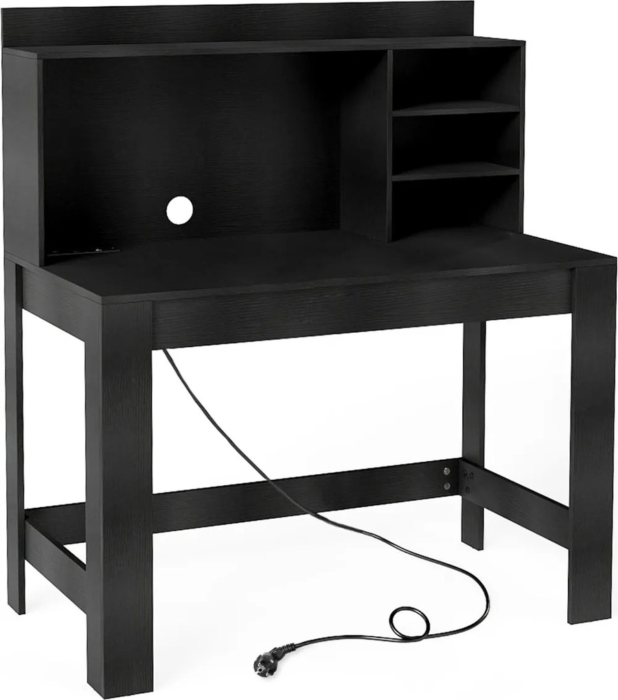 Secretária de computador 108 x 60 x 125 cm com estante com tomadas e orifício para cabos Preta