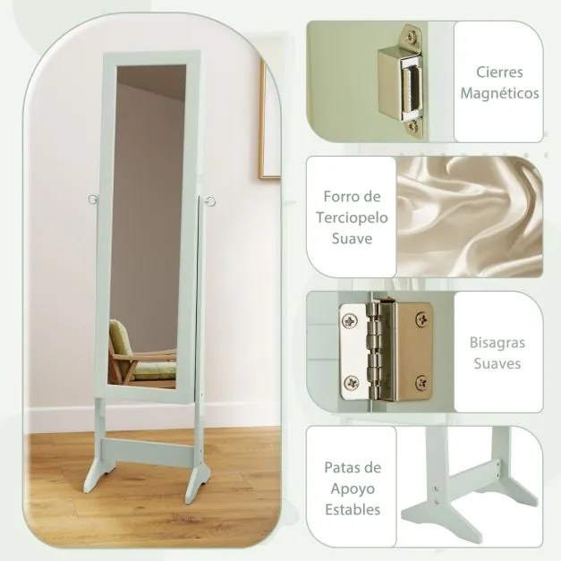 Armário para joias com espelho de corpo inteiro  35 x 30 x 144 cm e 3 ângulos ajustáveis Organizador de joias 2 em 1 Verde