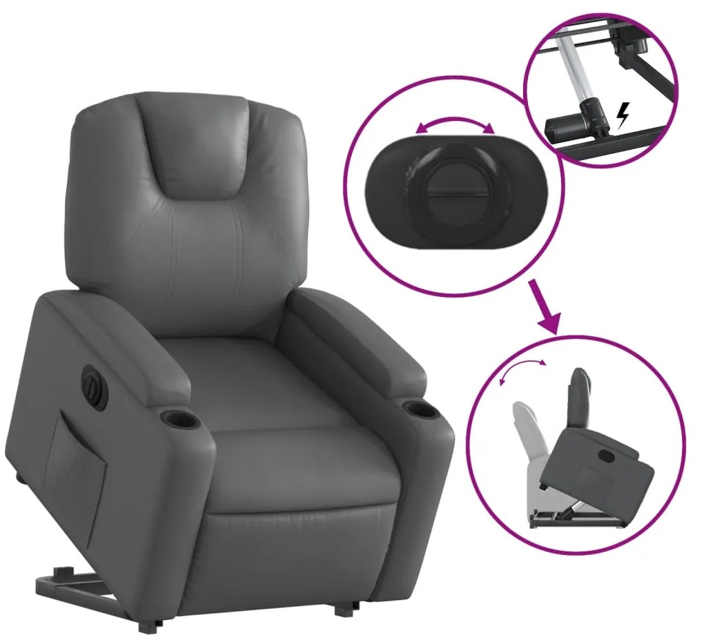 Poltrona reclinável elevatória elétrica couro artif. cinzento