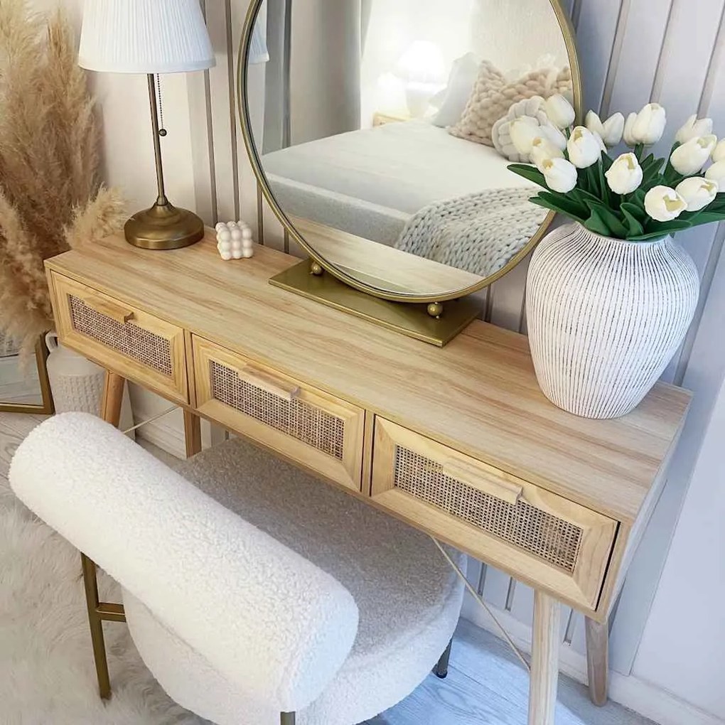 Mesa consola 105x30x75 cm pinho maciço e vime natural castanho