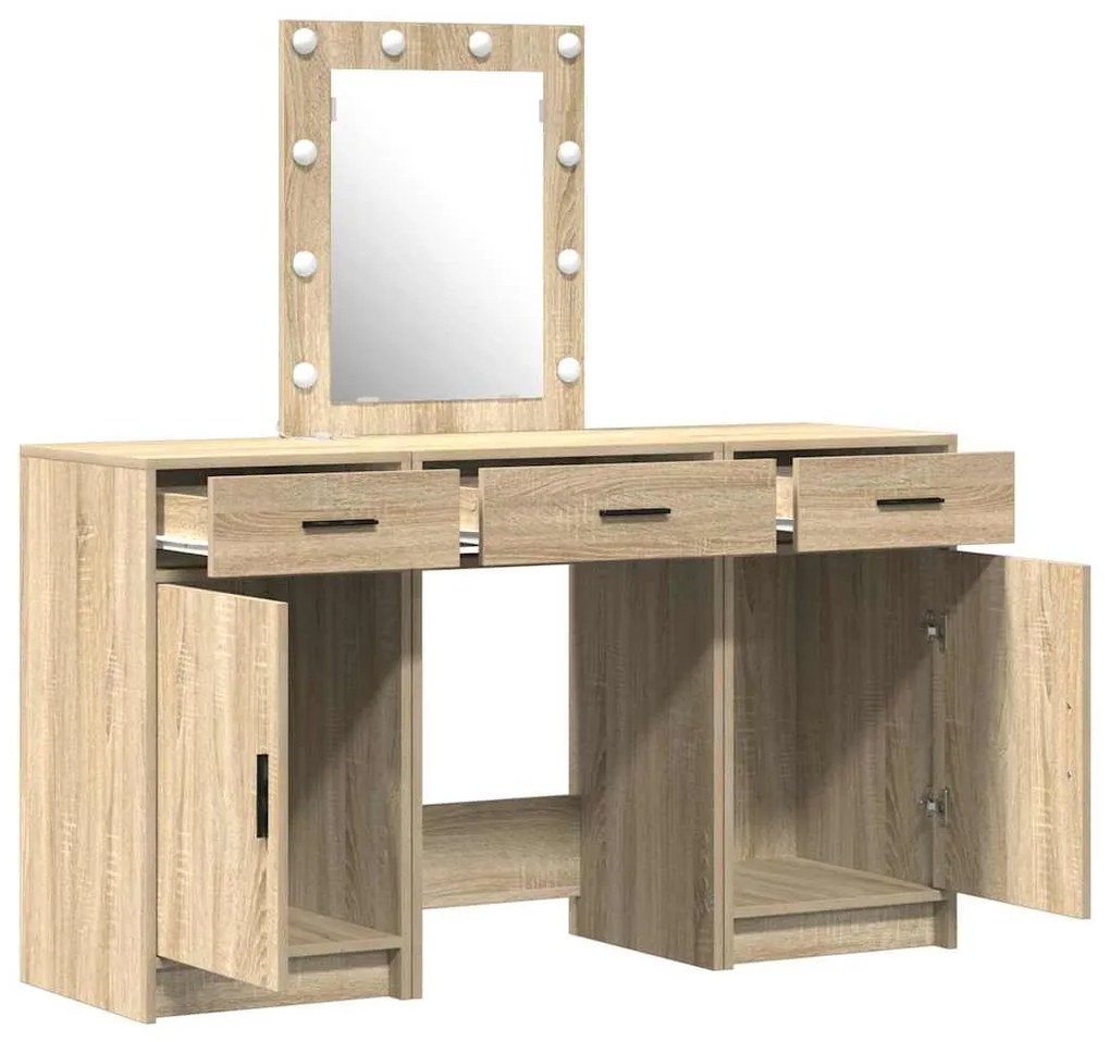 Conjunto de Mesa de Maquiagem 3 Peças com LED em Carvalho Sonoma e Mad