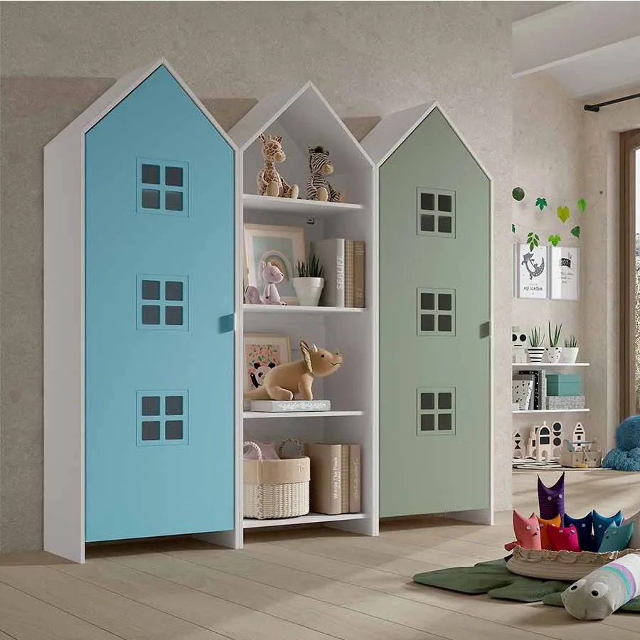 Conjunto 2 armarios Guarda Roupa infantil + estante infantil coleção CASAMI Azul e Verde