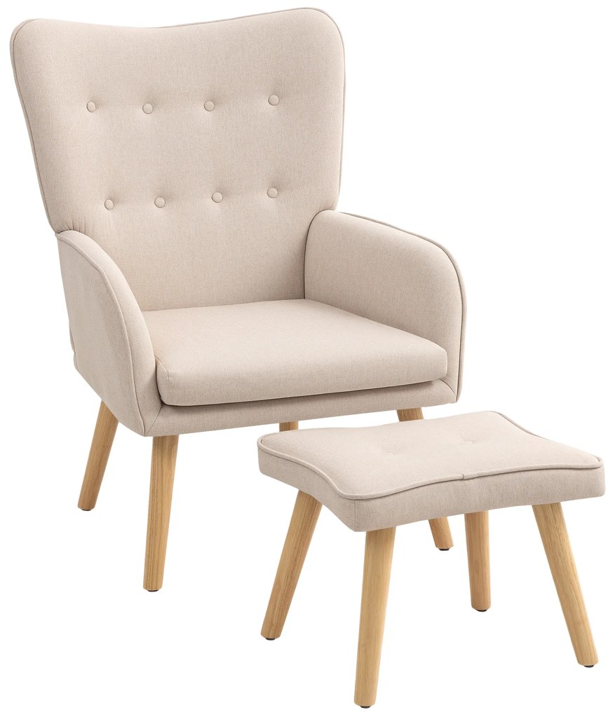 Poltrona com Apoio para Pés Poltrona de Leitura com Capitonê Pés de Madeira e Revestimento em Linho 70x72x94 cm Bege