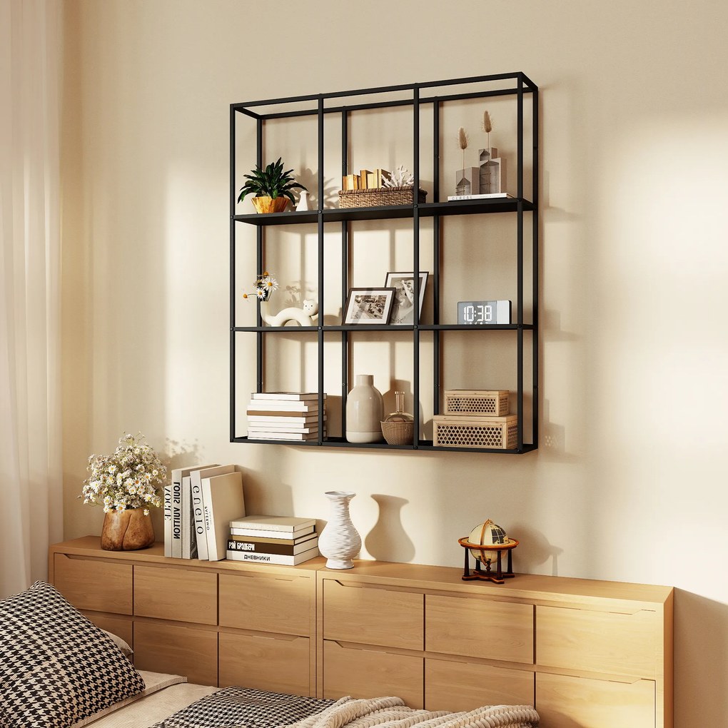 Prateleira de parede industrial com 9 compartimentos 87,5 x 18 x 100 cm, prateleira modular em metal para objetos de coleção, preta