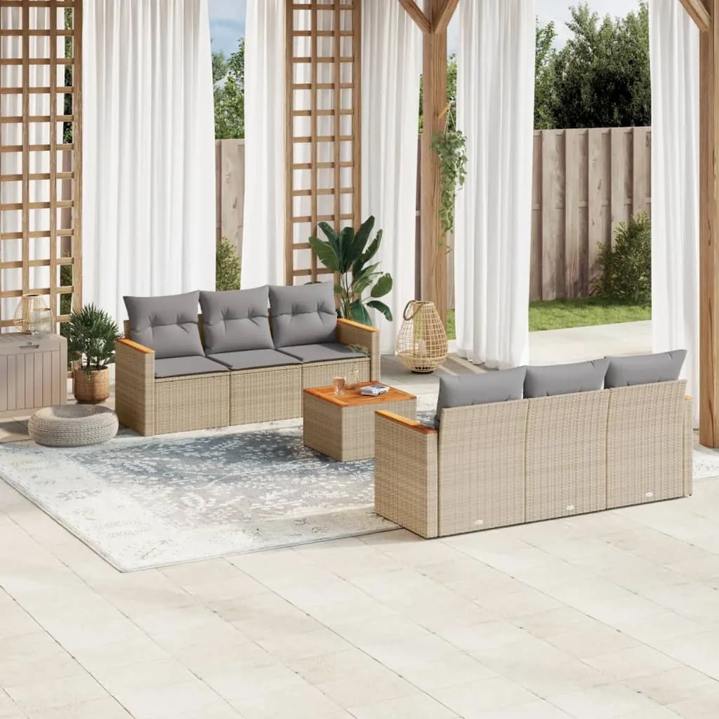 7 pcs conj. sofás jardim c/ almofadões vime PE bege misturado