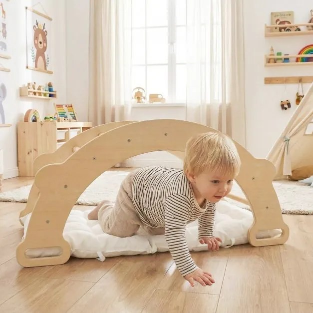 Arco de escalada infantil com almofada Escada Montessori 3 em 1 para trepar madeira para crianças Ginásio de escalada natural