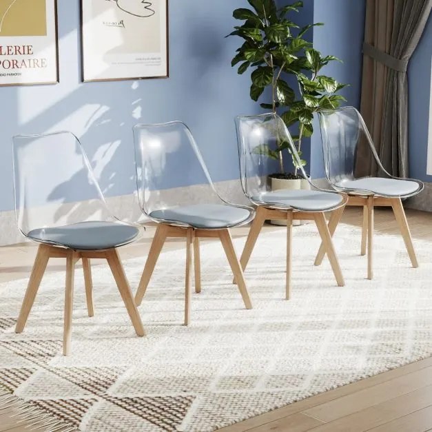 Conjunto de 4 cadeiras de jantar (MESA NÃO INCLUIDA) modernas sem braços com encosto Pernas em madeira de faia Almofada macia cinzenta e cadeiras tran