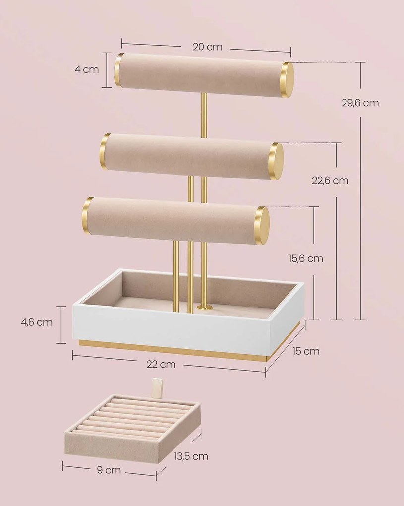 Porta-joias com três suportes  para pulseiras e um suporte removível para anéis 15 x 22 x 29,6 cm Branco- Castanho-camelo