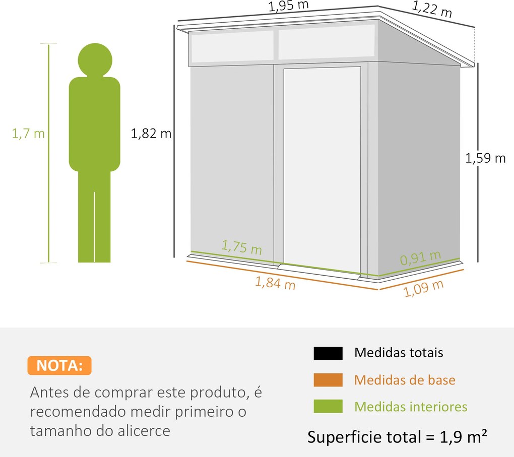 Abrigo de Jardim 1,9m² 195x122x182 cm com Base Reforçada (Chão NÃO Incluído) Porta Corredera Janelas Abrigo de Ferramentas Cinza Escuro