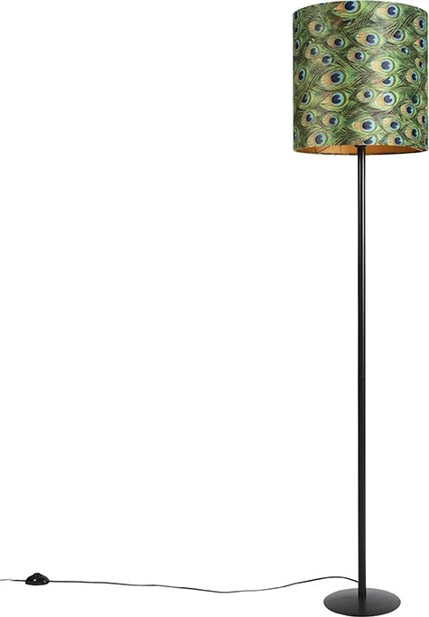 Candeeiro de pé preto com abajur de veludo pavão dourado 40 cm - Simplo