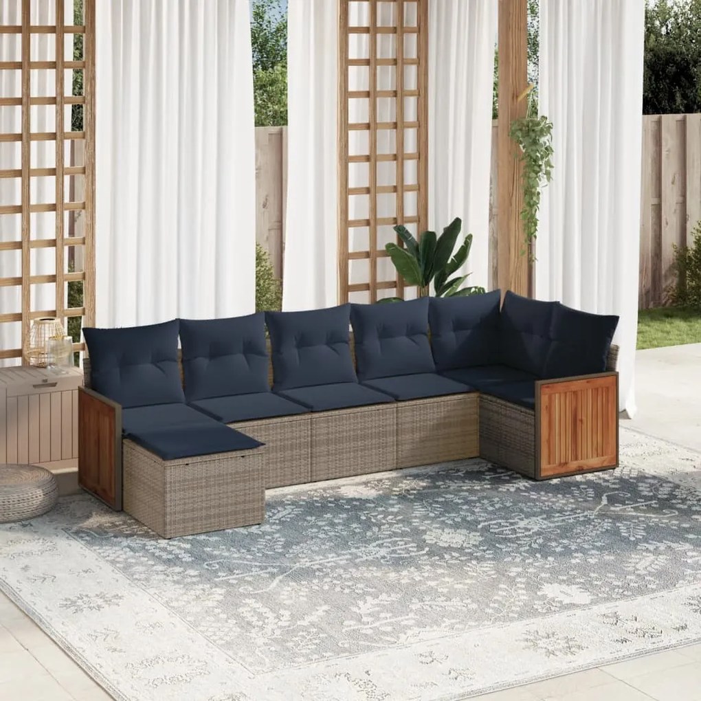 vidaXL 7 pcs conjunto sofás p/ jardim c/ almofadões vime PE cinzento
