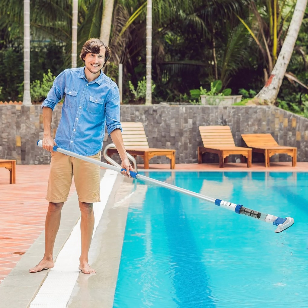 Aspirador Limpador para Piscina Aspirador para Piscina Elétrico Autonomia 45 Minutos com Poste Telescópico 150-210cm Escova e 2 Rodas para Piscinas