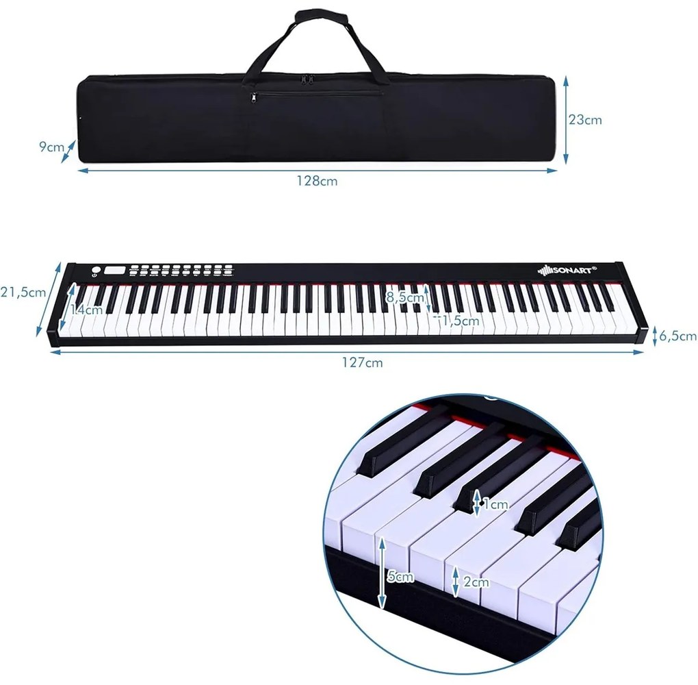 Piano digital de 88 teclas com função Bluetooth Piano eletrónico para principiantes com pedal de sustain 127 x 21,5 x 6,5 cm Preto